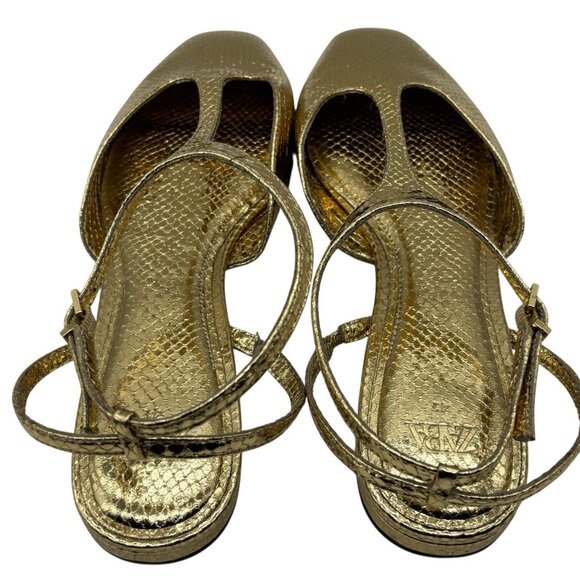 ZARA Gold Front Strap Flats Shoes Women’s Sz 41 US SZ 10 Snakeskin - Picture 9 of 13